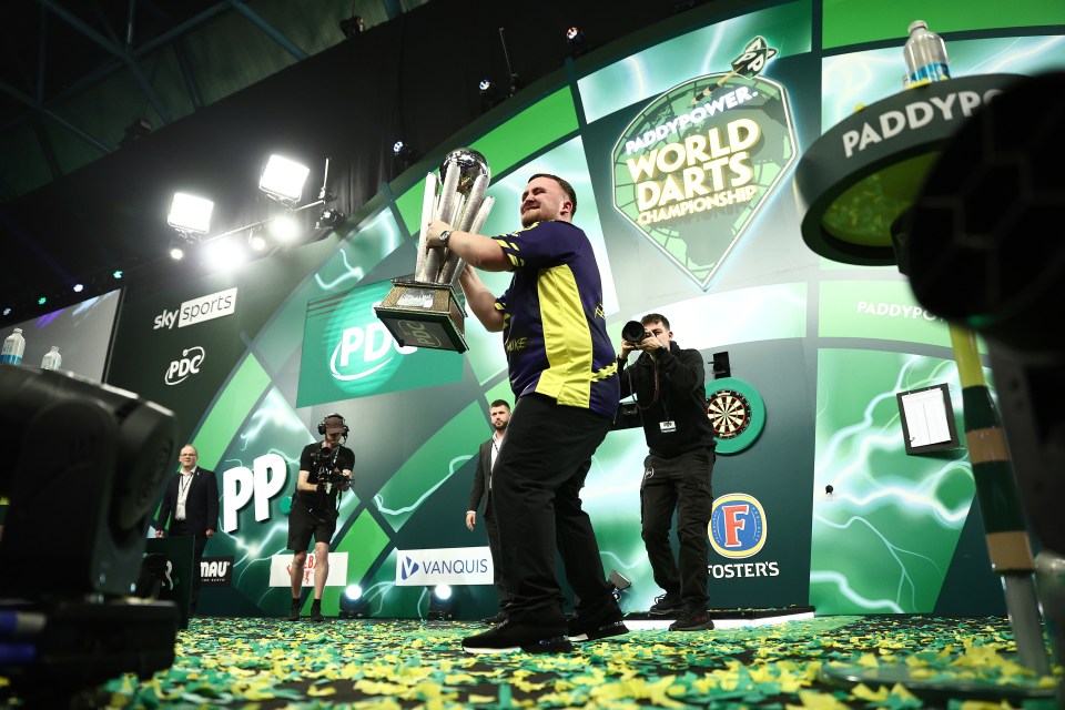 Luke Littler of England celebrates winning the Paddy Power World Darts Championship.