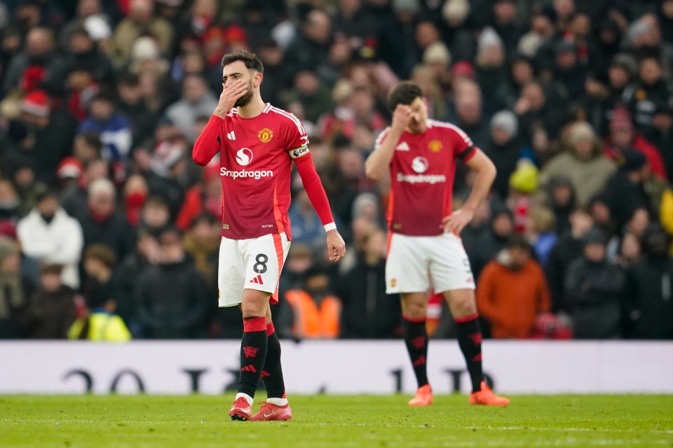 Bruno Fernandes and Harry Maguire of Manchester United looking dejected on the field.