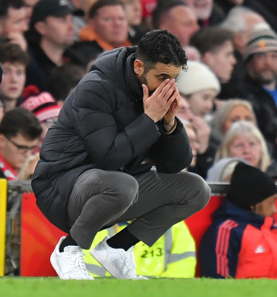 Ruben Amorim, Manchester United manager, looking distressed during a match.
