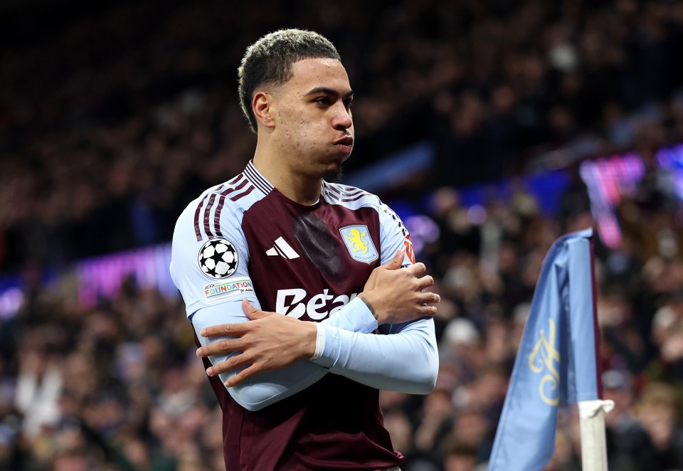 Morgan Rogers of Aston Villa celebrates scoring a goal.
