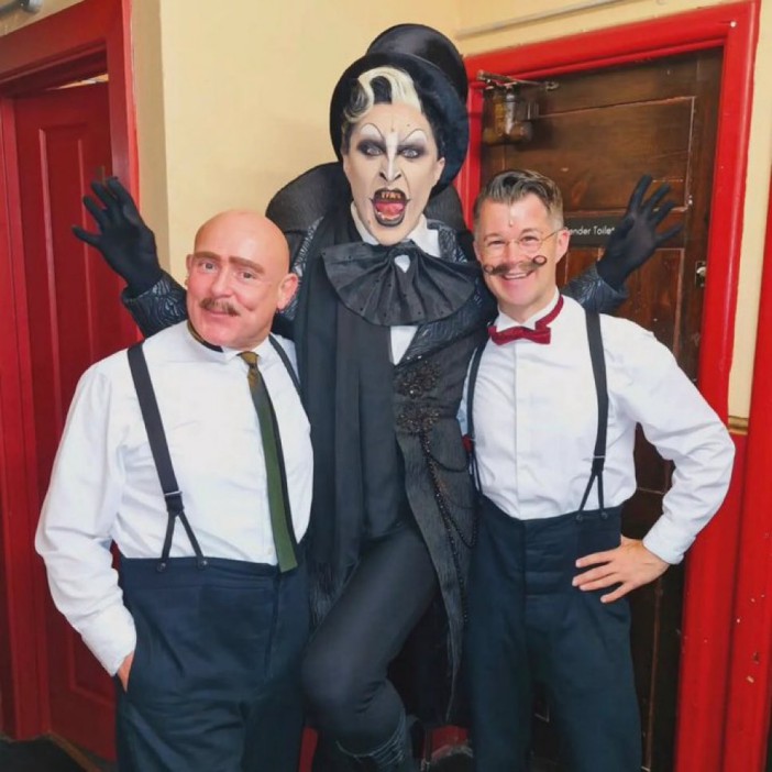 Backstage photo of Vivienne with two men in 1920s attire at Chitty Chitty Bang Bang.