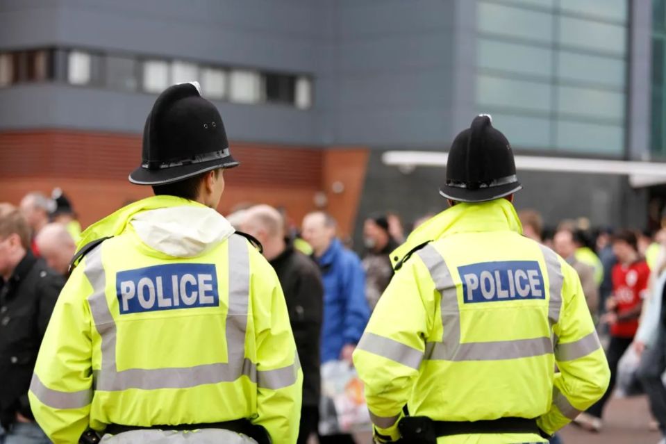 Two police officers in yellow jackets and helmets stand with their backs to the camera in a crowd.