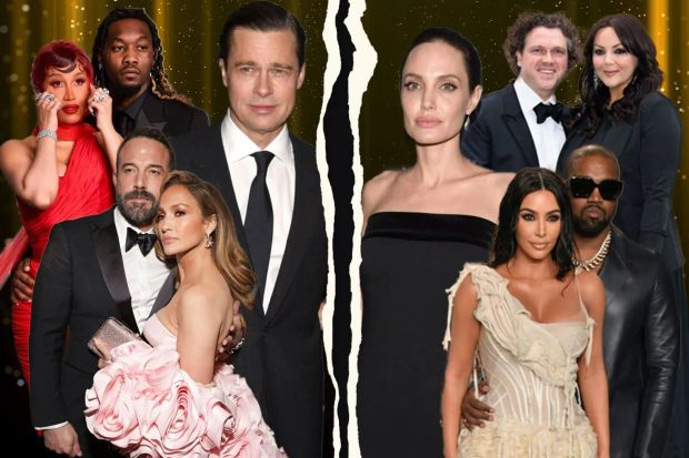 Collage of celebrity couples, separated by a dividing line.