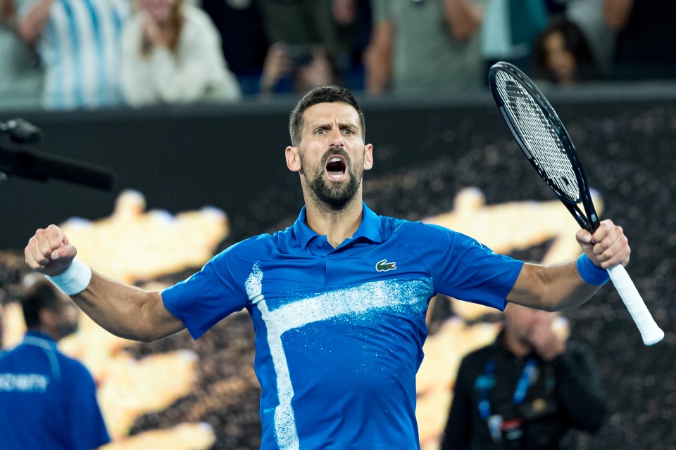 Novak Djokovic celebrates a tennis match victory.