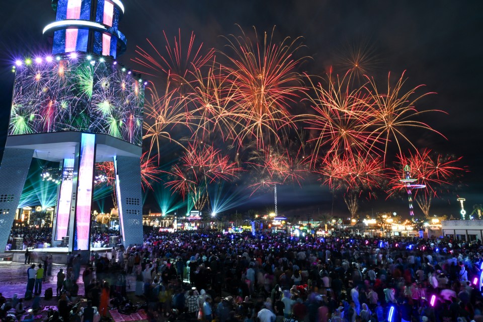 Large crowd watching fireworks display at a New Year's show.