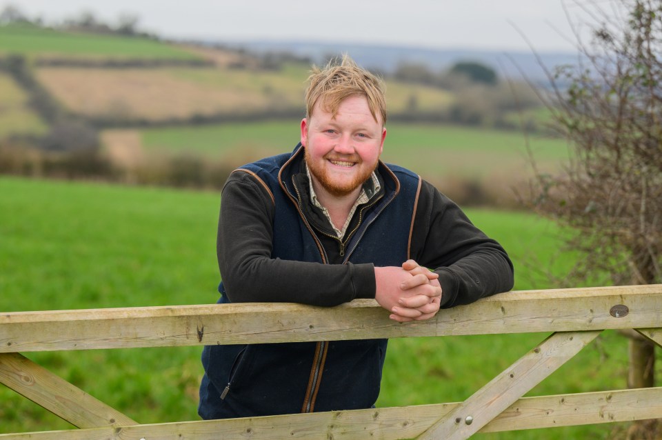 Smiling young man leaning on a wooden gate in a field.