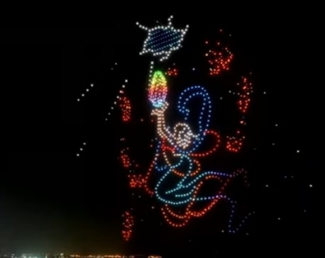Drone light show forming an axe over Shanghai's Baoshan International Cruise Port.