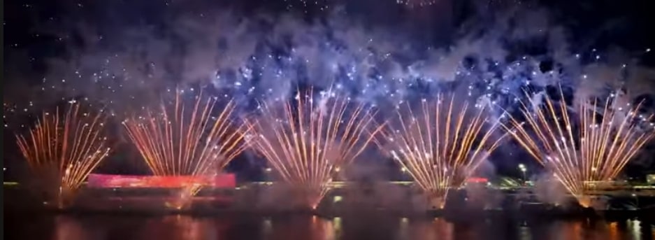 Drone and firework display over Shanghai's Baoshan International Cruise Port.