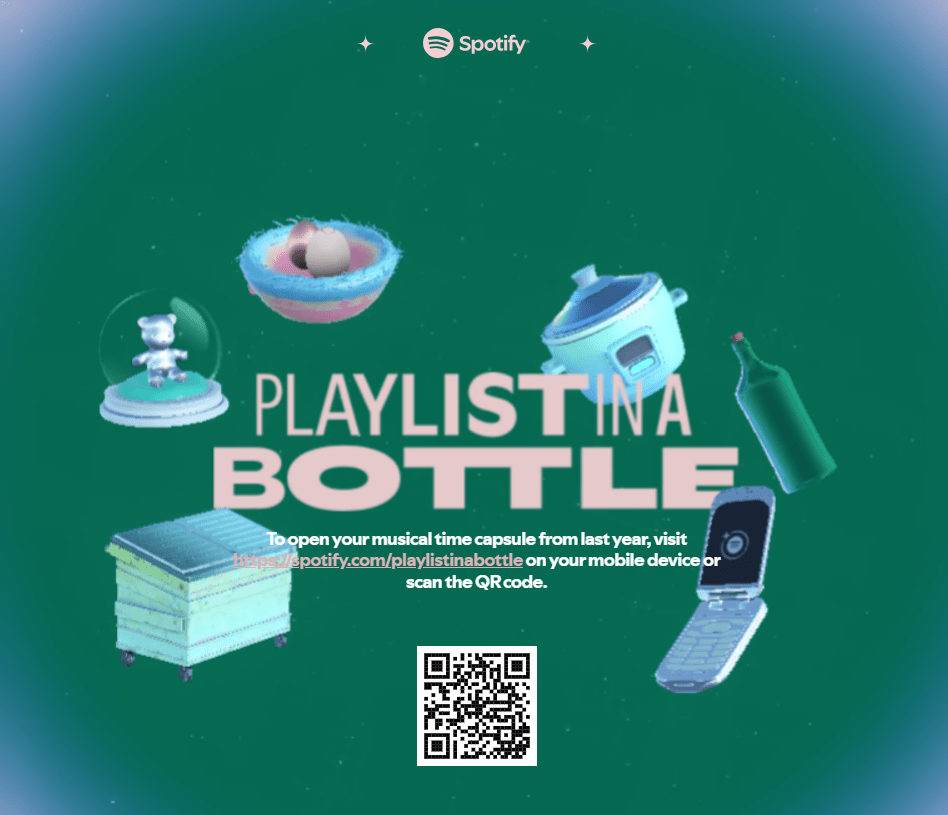 Spotify Playlist in a Bottle: scan QR code to access your musical time capsule.