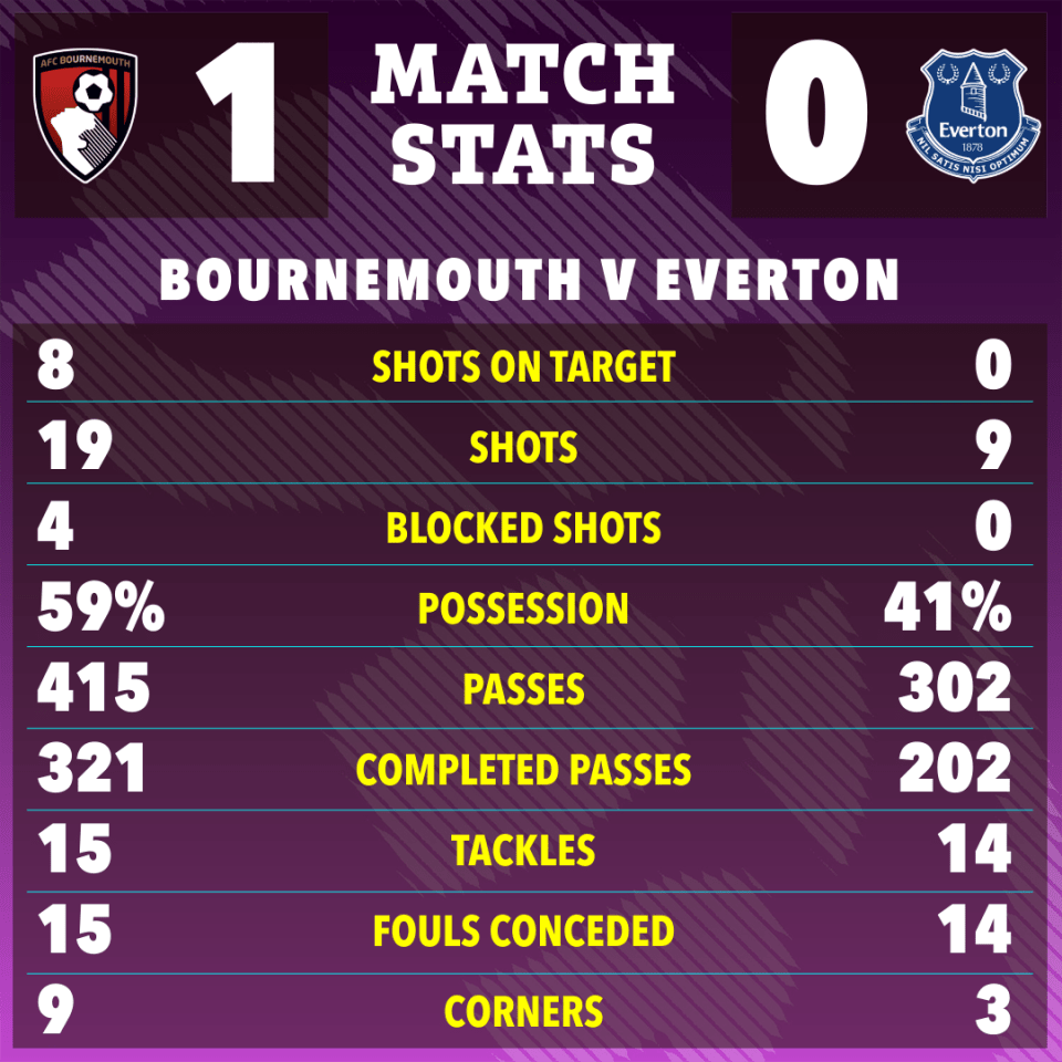 Bournemouth 1-0 Everton match stats: shots on target, shots, blocked shots, possession, passes, completed passes, tackles, fouls conceded, corners.
