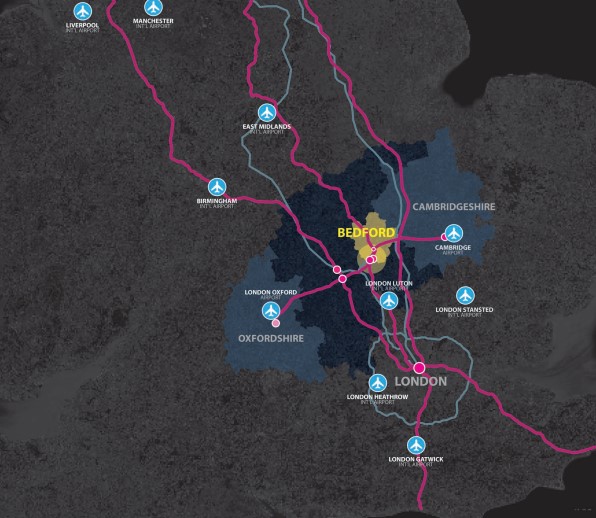 Map showing proposed theme park location near Bedford, UK, and nearby airports.