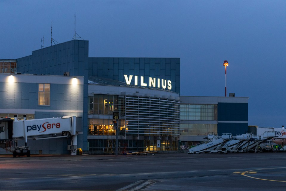 Vilnius International Airport at dusk.