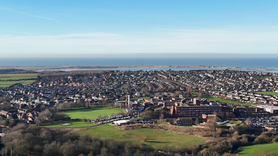 Aerial view of Barrow-in-Furness, Cumbria, showing the town and coastline.