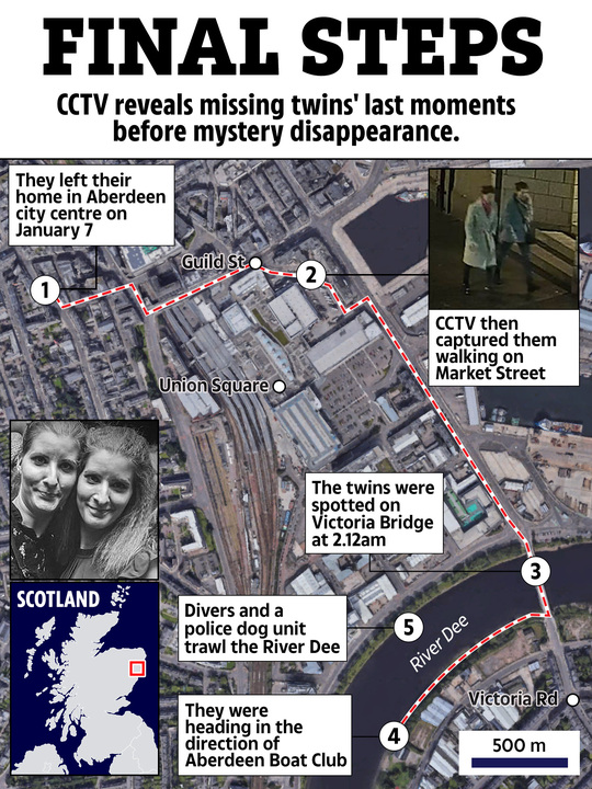 Map showing the last known movements of missing twins.