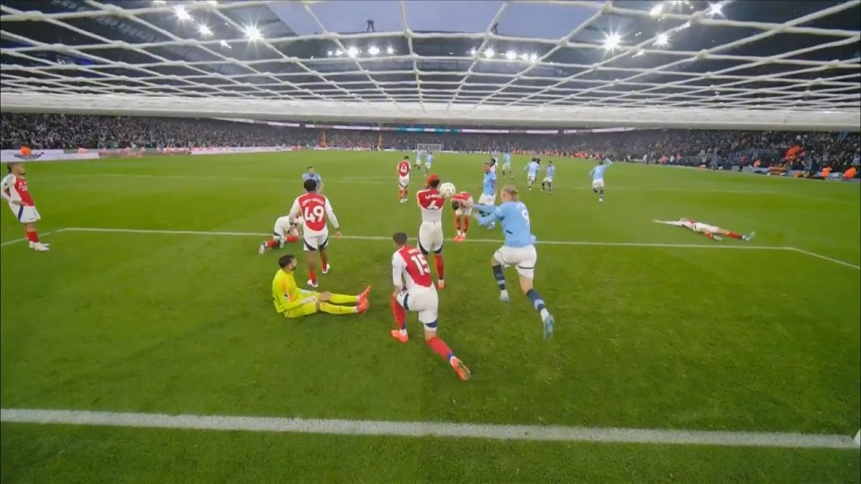 Erling Haaland throwing the ball at Gabriel's head after a last-second equalizer.