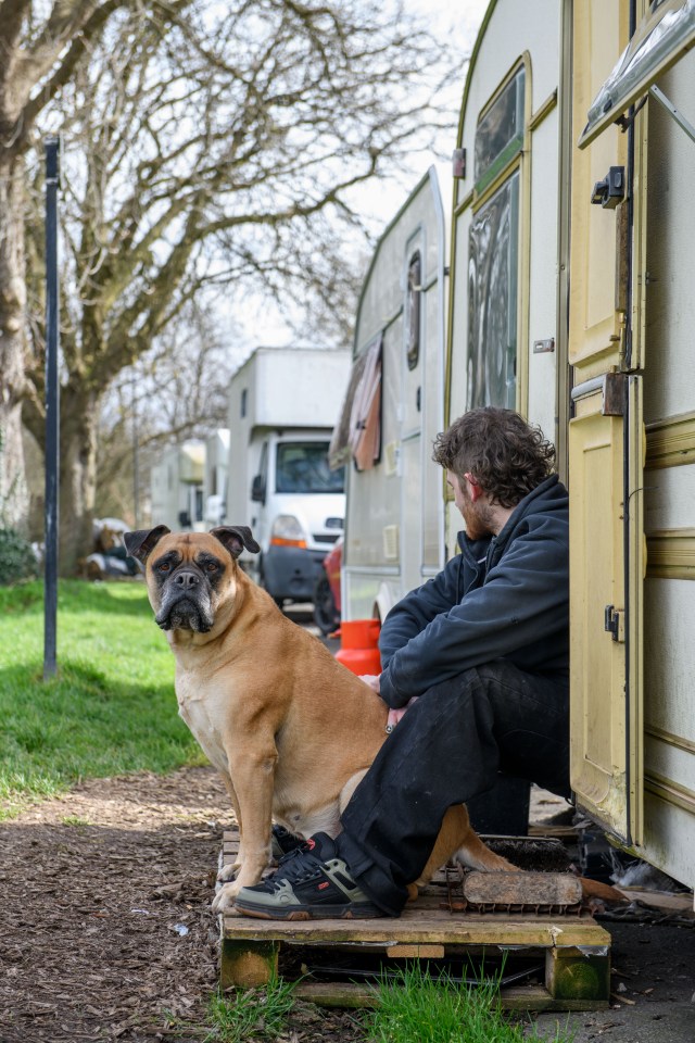 A man sits by a caravan with his large dog.