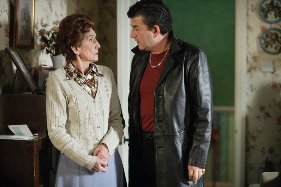 Eastenders.  **EMBARGOED FOR PUBLICATION UNTIL SATURDAY 27TH DECEMBER 2008**<br />
 BBC<br />
Picture Shows: Dot Branning [JUNE BROWN] Nick Cotton [JOHN ALTMAN]</p>
<p>TX: BBC One Friday 9th January 2009</p>
<p>Dot attempts to reason with Nick, pleading with him to consider the importance of family. Whilst pleading with him, Dot rushes to prevent Nick sitting on the cushion in the living containing the money. Dot feels pressured to bring Dotty to live with her. Nick alludes to a caravan that he has lined up, and Dot finally cracks as they go to leave. Shooting Nick a black look, Dot agrees to his demand. Nick responds by demanding payment for the new arrangement. Dot is aghast as her new responsibility begins to dawn on her.