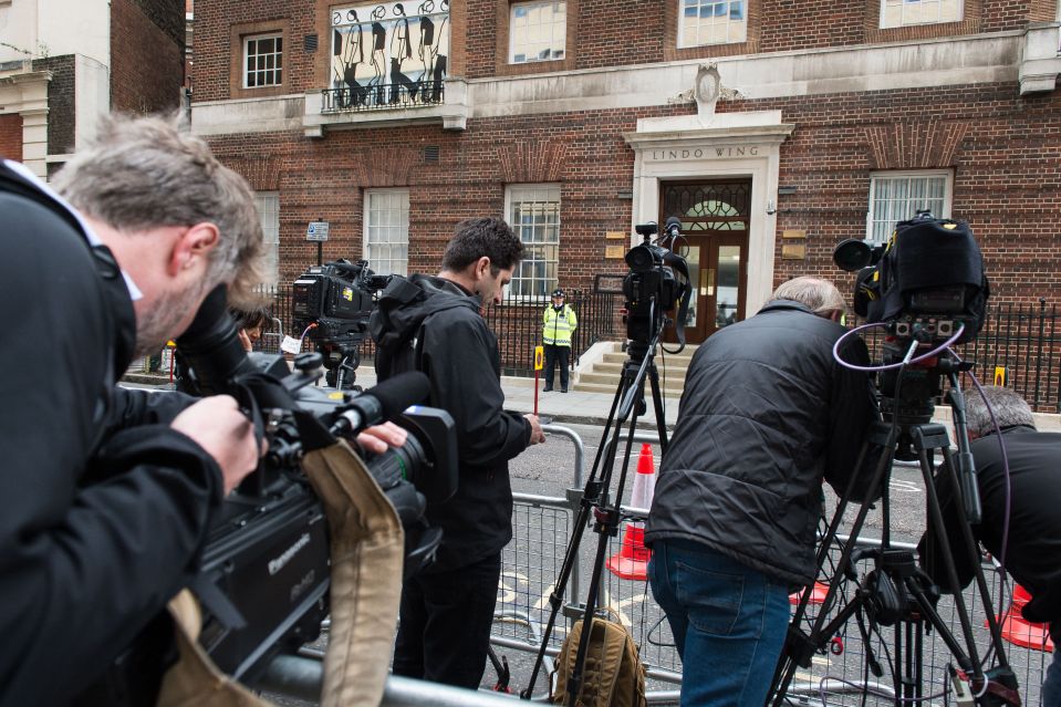 Media crews outside the Lindo Wing at St. Mary's Hospital.