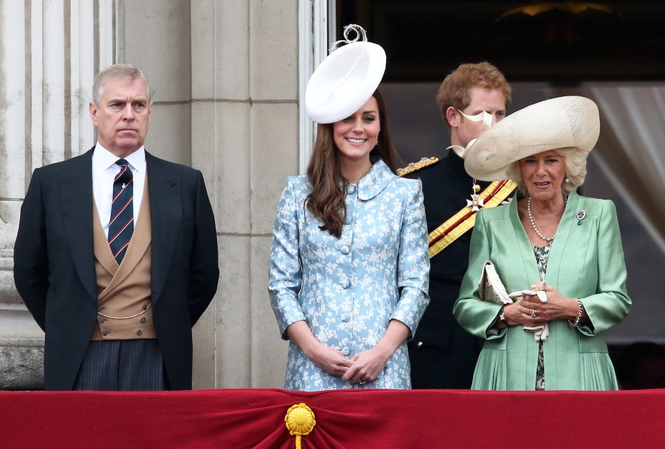 Prince Andrew, Kate Middleton, Prince Harry, and Camilla, Duchess of Cornwall on the Buckingham Palace balcony.