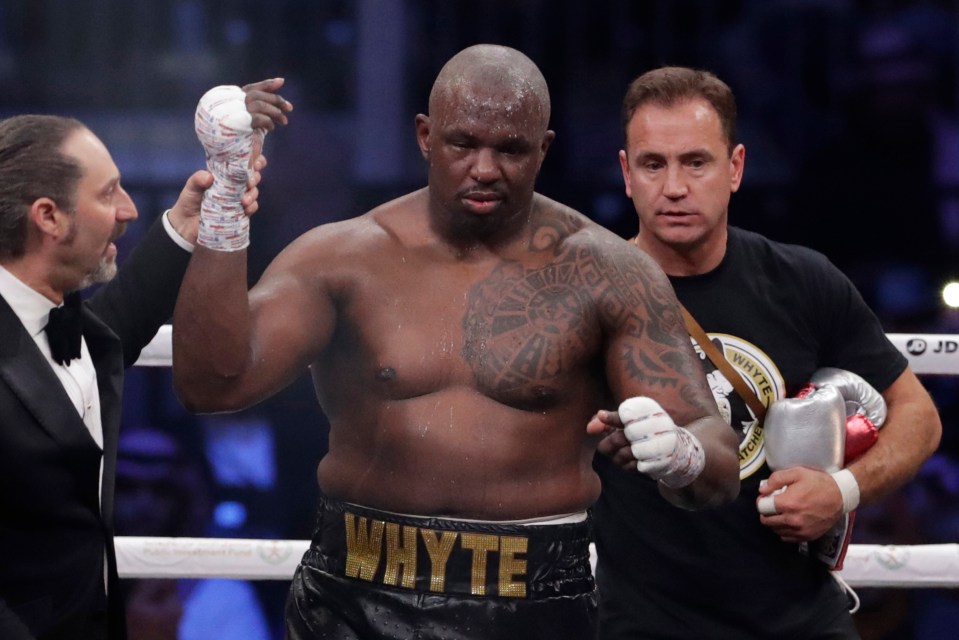 Dillian Whyte celebrating a boxing victory.