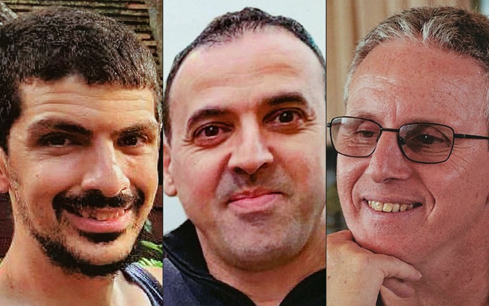 Portraits of Israeli hostages Or Levy, Eli Sharabi, and Ohad Ben Ami.
