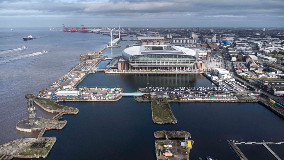 Aerial view of Everton's new stadium under construction.