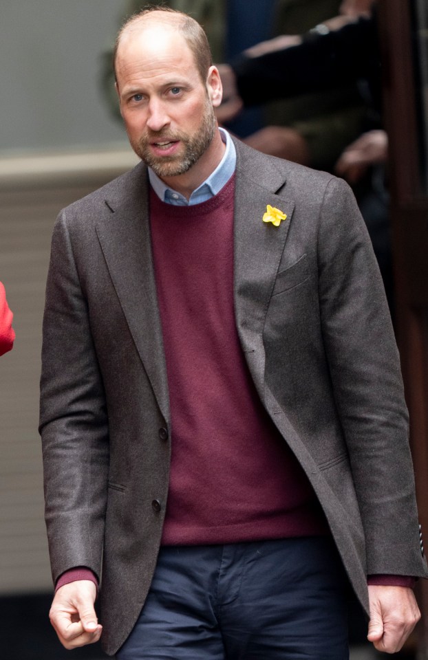 Prince William wearing a gray jacket and maroon sweater with a daffodil pinned to his lapel.