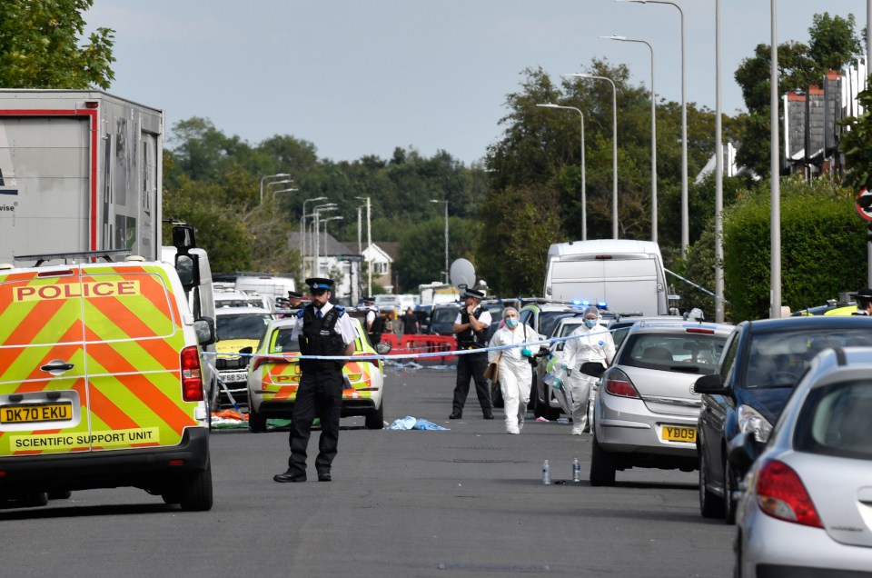 Crime scene in Southport, England with police and forensics.