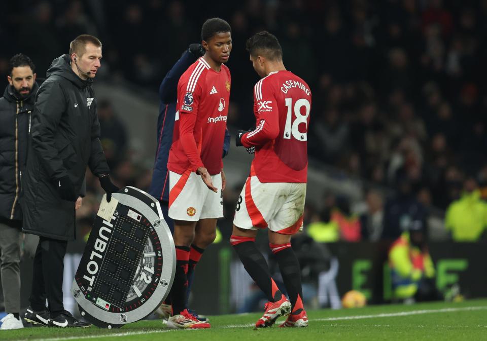 Casemiro of Manchester United being substituted during a Premier League match.