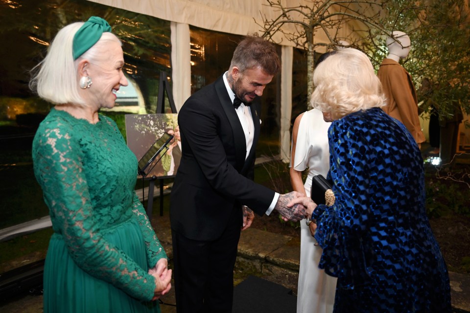 David Beckham shaking hands with Queen Camilla.