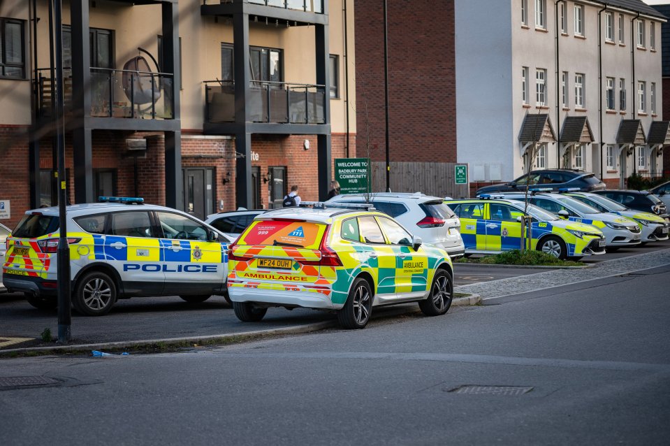 Emergency vehicles at a school following a bomb threat.