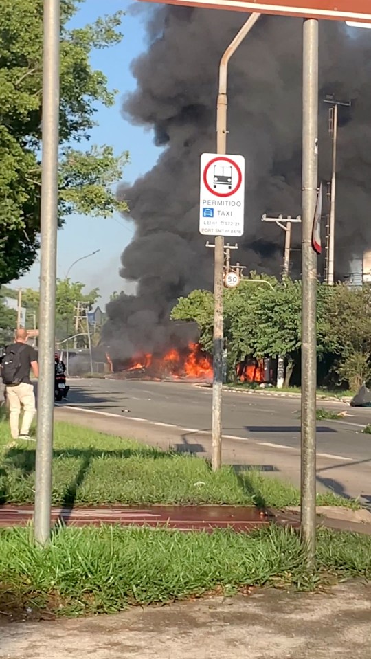 Small plane crash site with smoke and flames.