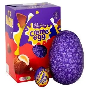 Cadbury Creme Egg 195g box with chocolate egg.