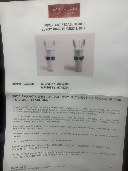 Recall notice for Matalan bunny tumblers.