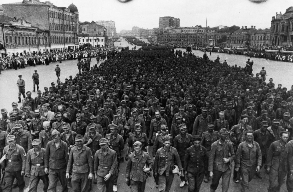 Thousands of German prisoners of war marching through Moscow during World War II.