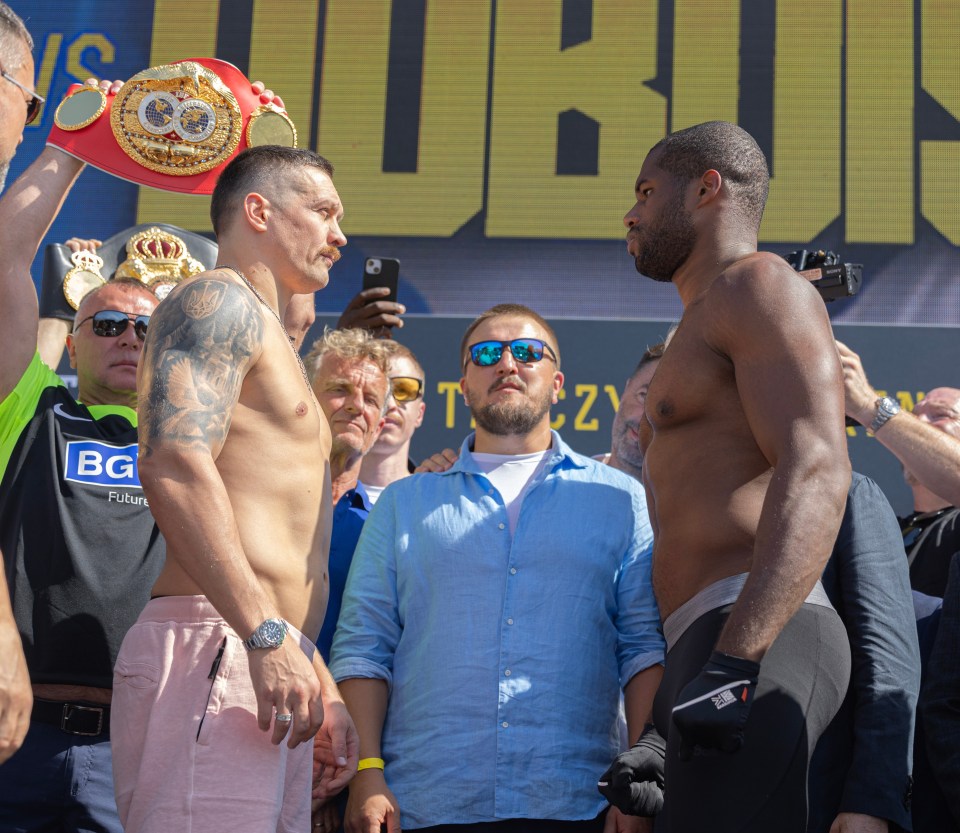 Alexander Usyk and Daniel Dubois at a weigh-in.