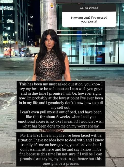 Belle Hassan discusses emotional abuse in a social media post.