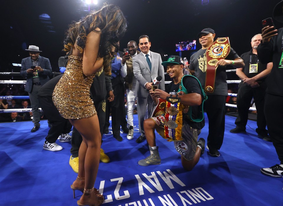 Boxer Shakur Stevenson proposing to his girlfriend after a boxing match.