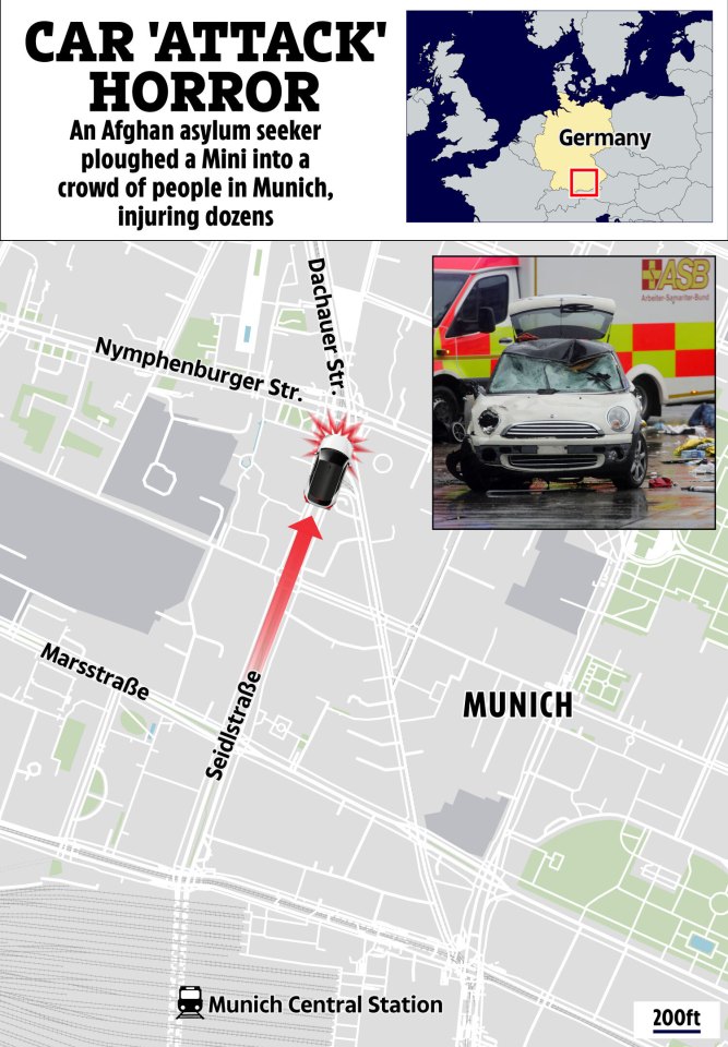 Map of Munich showing the location of a car crash, with an inset photo of the damaged car.
