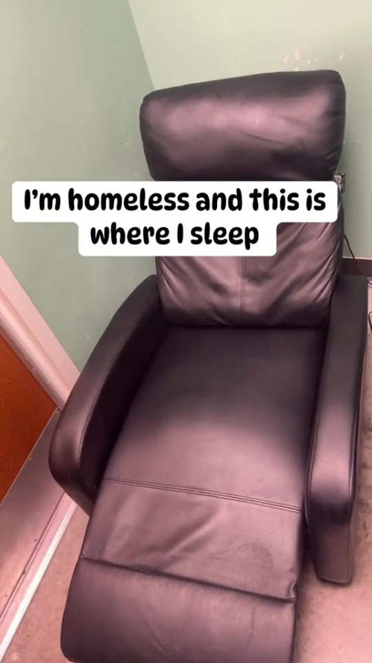 A black recliner chair; the caption reads, "I'm homeless and this is where I sleep."