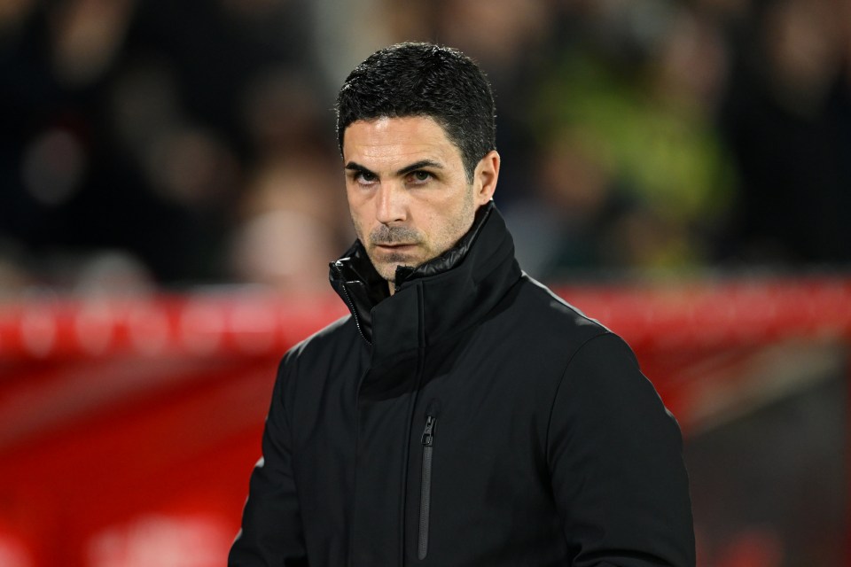 NOTTINGHAM, ENGLAND - FEBRUARY 26: Mikel Arteta, Manager of Arsenal, looks on prior to the Premier League match between Nottingham Forest FC and Arsenal FC at City Ground on February 26, 2025 in Nottingham, England. (Photo by Michael Regan/Getty Images)
