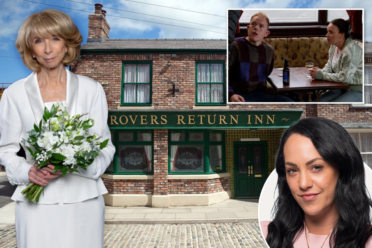 Collage of a bride, the Rovers Return Inn, and two actors.