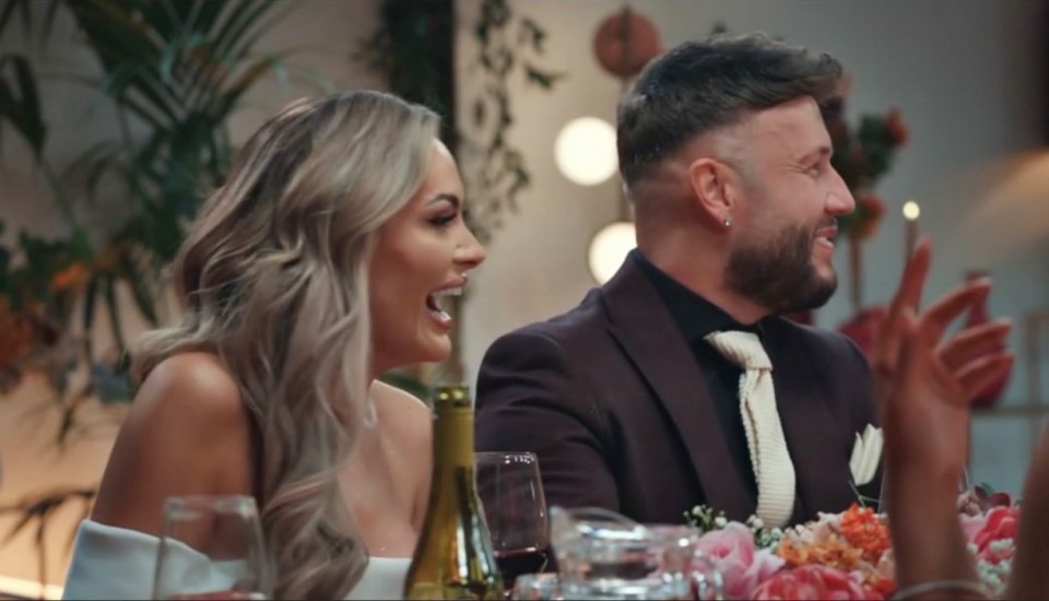 Watch the cringe moment MAFS UK star Adam shocks Amy with joke about sex and babies during flirty dinner party, Pictured: Mafs Reunion grabs - 24-02-35, Credit: Channel 4