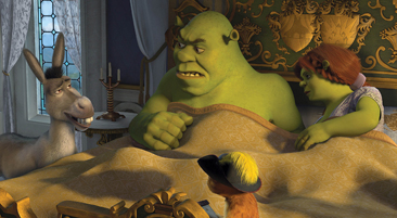 Shrek, Fiona, Donkey, and Puss in Boots in bed.