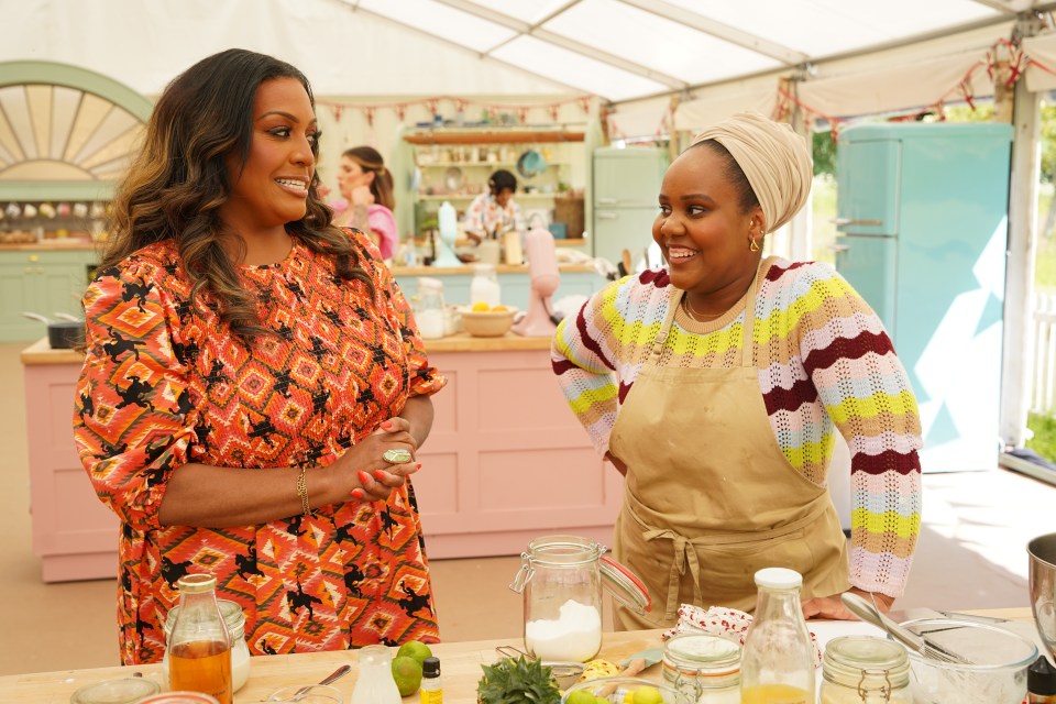 Alison Hammond and Illiyin in the Bake Off tent.