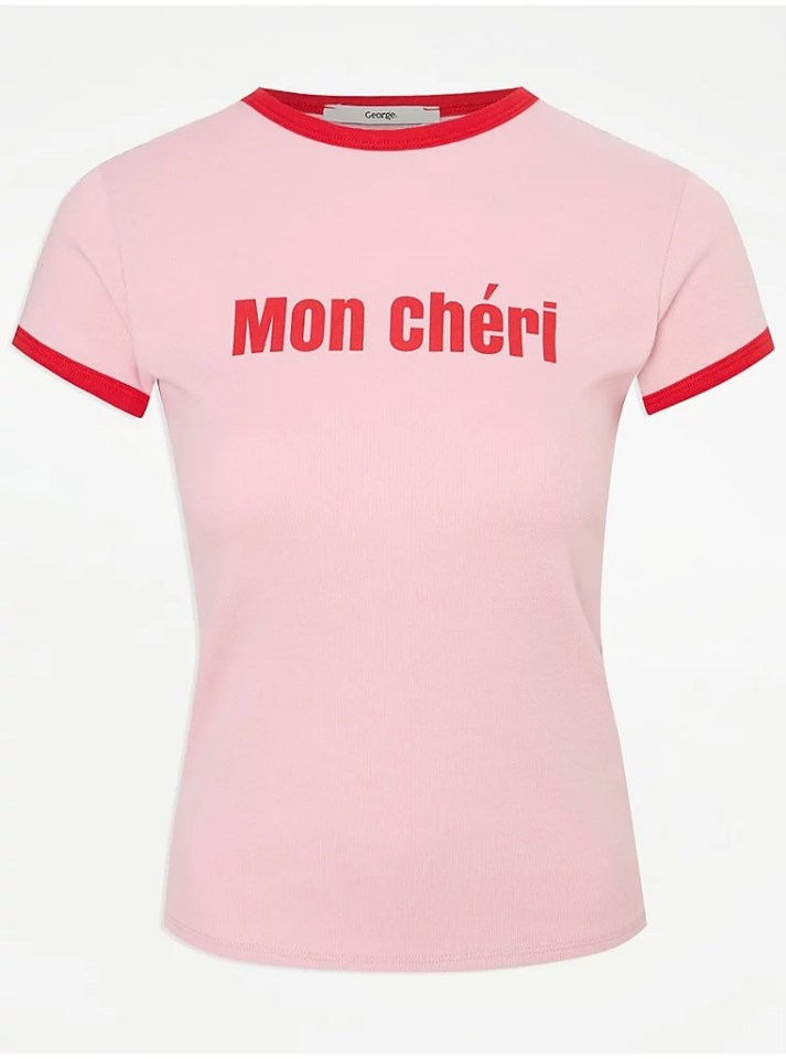 Pink t-shirt with red trim and "Mon chéri" in red lettering.