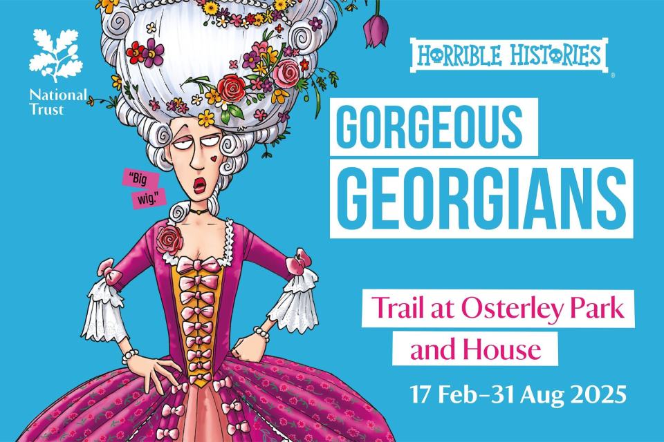 Illustration of a woman in Georgian-era clothing for a Horrible Histories event at Osterley Park and House.