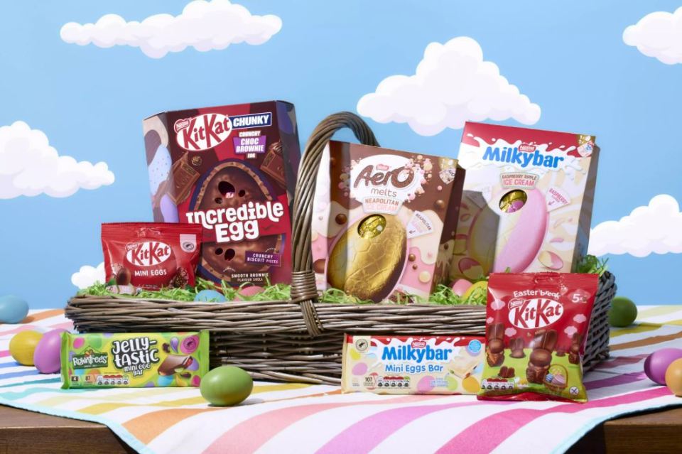 Easter basket with various chocolate eggs and candy.