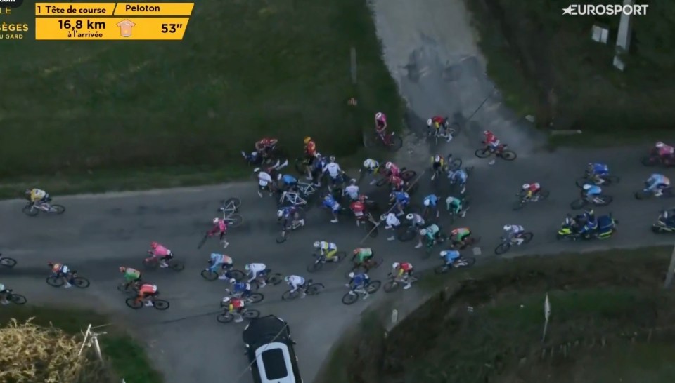 Aerial view of a cycling race crash.