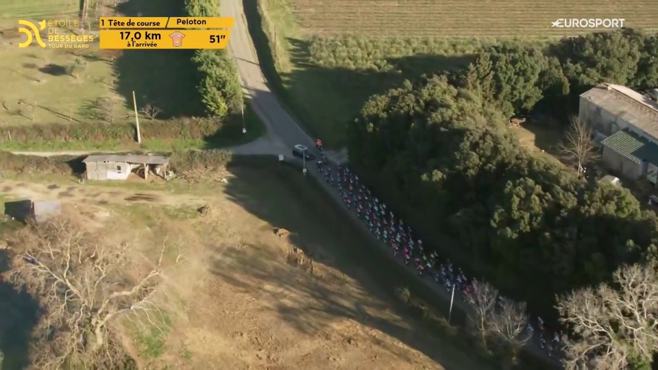 Aerial view of a cycling peloton on a road.